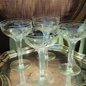 Elegant Scottish Engraved Hollow Stem Champaigne Coupe Set.
